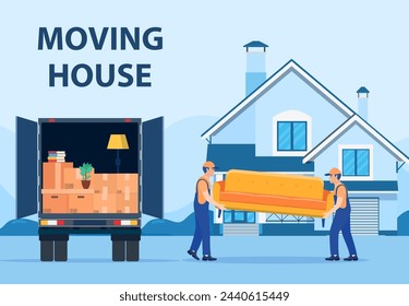 Delivery service concept. moving house. man movers carry sofa. Truck for transportation of goods loaded with cardboard boxes. Delivery truck with a bunch of boxes. Vector illustration in flat style