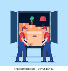 Concepto de servicio de entrega. mudanza. Hombre con cajas de cartón. Camión para transporte de mercancías cargado con cajas de cartón. Camión de reparto con un montón de cajas. Ilustración vectorial en estilo plano