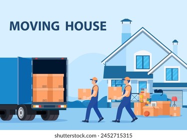 Delivery service concept. moving house. Man with cardboard boxes. Truck for transportation of goods loaded with cardboard boxes. Delivery truck with a bunch of boxes. Vector illustration in flat style