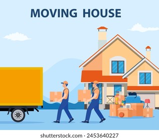 Delivery service concept. moving house. Man with cardboard boxes. Truck for transportation of goods loaded with cardboard boxes. Delivery truck with a bunch of boxes. Vector illustration in flat style