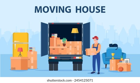 Delivery service concept. moving house. Man with cardboard boxes. Truck for transportation of goods loaded with cardboard boxes. Delivery truck with a bunch of boxes. Vector illustration in flat style