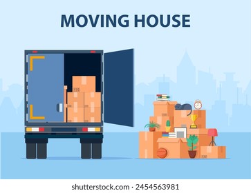 Delivery service concept. moving house. Truck for transportation of goods loaded with cardboard boxes. Delivery truck with a bunch of boxes. Vector illustration in flat style