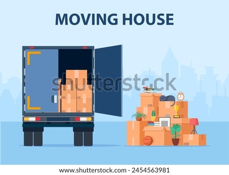 Delivery service concept. moving house. Truck for transportation of goods loaded with cardboard boxes. Delivery truck with a bunch of boxes. Vector illustration in flat style