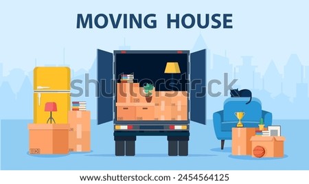 Delivery service concept. moving house. Truck for transportation of goods loaded with cardboard boxes. Delivery truck with a bunch of boxes. Vector illustration in flat style