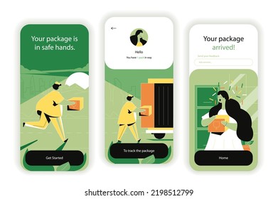 Delivery service concept onboarding screens. Fast courier delivery of parcels, logistics and express shipping. UI, UX, GUI user interface kit with flat people scene. Vector illustration for web design