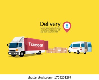 delivery service concept, parcel box with truck and van transport