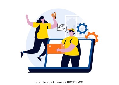 Delivery service concept with people scene in flat cartoon design. Woman makes online shopping using laptop and orders courier delivery of parcels to her home. Vector illustration visual story for web