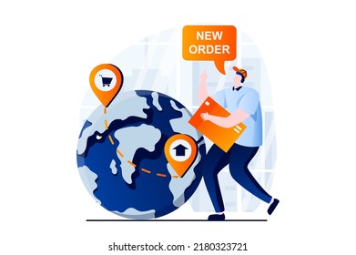 Delivery service concept with people scene in flat cartoon design. Courier works in international delivery service, global import and export transportation. Vector illustration visual story for web