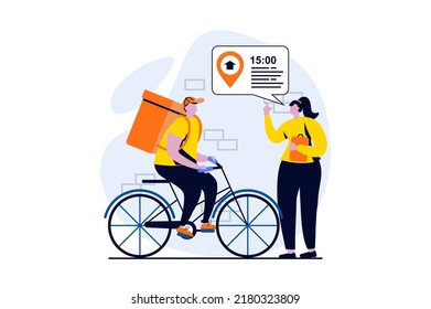 Delivery service concept with people scene in flat cartoon design. Woman orders delivery at right time and waiting to receive box from courier at bicycle. Vector illustration visual story for web