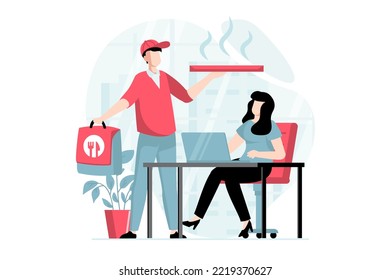 Delivery service concept with people scene in flat design. Man courier carrying pizza orders to customer. Woman using lunch delivery to office. Vector illustration with character situation for web