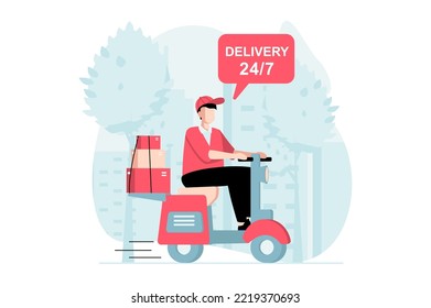Delivery service concept with people scene in flat design. Man works as courier, riding moped and delivering parcels and boxes to customers. Vector illustration with character situation for web