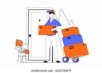 Delivery service concept with people scene in flat outline design. Courier brought boxes on wheelbarrow to client door, moving and transport. Vector illustration with line character situation for web