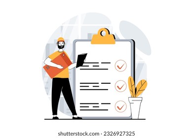 Delivery service concept with people scene in flat design for web. Man courier hands parcel to client and inspects work on checklist. Vector illustration for social media banner, marketing material.