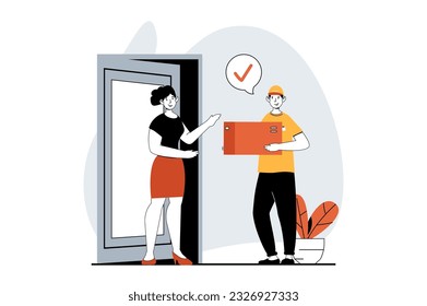 Delivery service concept with people scene in flat design for web. Man courier hands parcel to woman, client receiving box at door. Vector illustration for social media banner, marketing material.