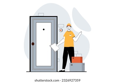 Delivery service concept with people scene in flat design for web. Man courier carrying parcel boxes and waiting for client at door. Vector illustration for social media banner, marketing material.