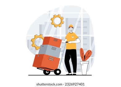 Delivery service concept with people scene in flat design for web. Man carrying parcel boxes on forklift and works in warehouse. Vector illustration for social media banner, marketing material.