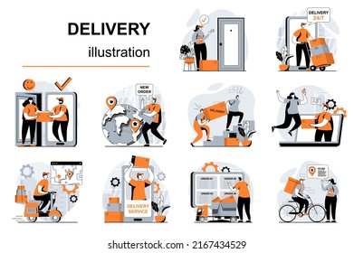 Delivery service concept with people scenes set in flat design. Women and men receive parcels, courier carries box, delivers orders to addresses. Vector illustration visual stories collection for web