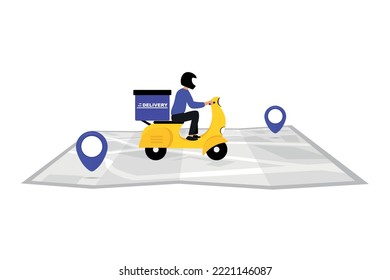 Delivery service concept. A pictures on the theme of fast delivery in the city. Scooter courier. Fast delivery by scooter. Online order tracking, delivery. Vector illustration