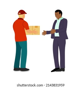 Delivery service concept a recipient received his parcel from a delivery courier. Hand drawn isolated vector illustration.