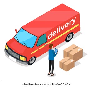 Delivery service concept. Red freight car and a man manager checks for cargo in the back, standing near large cardboard boxes. Autotruck, official vehicle illustration. Car for transporting goods