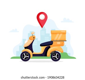 Delivery service concept. Delivery service with scooter motorcycle and cardboard boxes on city background. Vector illustration in flat style