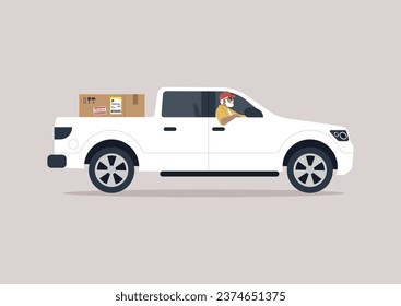 Delivery service concept, A senior driver in a pickup truck, casually steering with one arm hanging out of the window as they drive