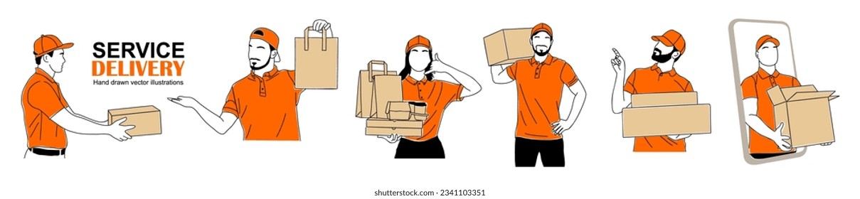 Lieferservice-Konzept. Set Illustrationen von Männern, Frau in orangefarbener Uniform mit verpackten Paketen, Pizzakästen, Papiertüten. Moderne, einfache Vektorgrafik, einzeln auf weißem Hintergrund