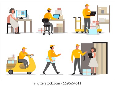 Delivery service concept. Set of delivery man on his way to costumer. Collection of courier in uniform holding box. Vector illustration in cartoon style