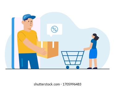 Lieferservice-Konzept Smartphone mit Costumer und Lieferwagen mit Box Flat Design Style Vektorillustration Illustration