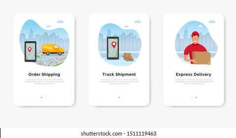 Delivery service concept, smartphone with map for shipment tracking, delivery man and van against city background. Onboarding screens template for mobile app and websites