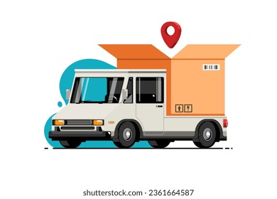 Delivery service concept, Transport truck van and open paper box, Digital marketing illustration.