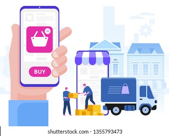 Delivery service concept. Truck with boxes and delivery workers or courier. Delivery of goods through online shop. Flat style vector illustration