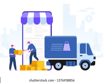 Delivery service concept. Truck with boxes and delivery workers or courier. Delivery of goods through online shop. Flat style vector illustration