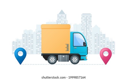 Delivery service concept. Delivery truck, map pointers on cityscape background. Web vector illustrations in 3D style