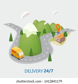 Delivery service concept, truck, van, landscape mountaince road, 3d vector isometric illustration, online order tracking, Concept Marketing. Vector, web banner, isolated, landing page, template