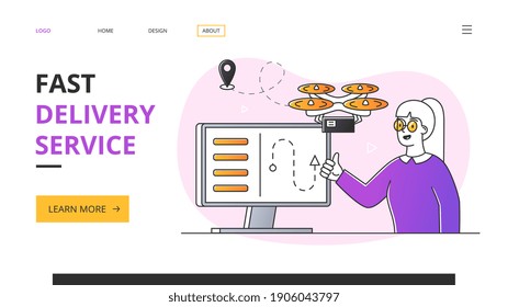 Concepto de servicio de entrega. Uso de drones y cuádruples modernos para entregar productos a los clientes. Sitio web, página web, plantilla de página de inicio. Ilustración vectorial de contorno plano