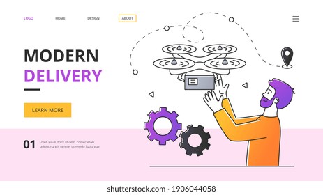 Delivery service concept. Using modern drones and quadcopters to deliver goods to customers. Website, webpage, landing page template. Flat outline vector illustration