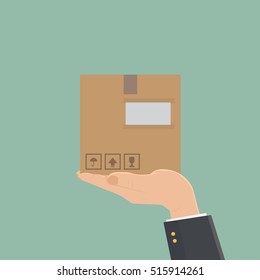 Delivery service concept. Vector illustration flat design. Shipping service. Courier delivered a package, hold in hand. Give cardboard box.