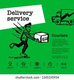 Delivery service concept. Web banner with Delivery guy handing a box on green background. Doodle ink style vector illustration