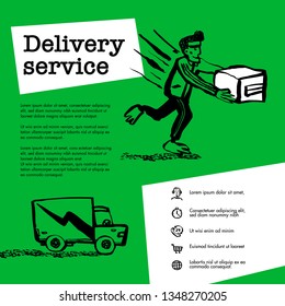 Delivery service concept. Web banner with Delivery guy handing a box on green background. Doodle ink style vector illustration
