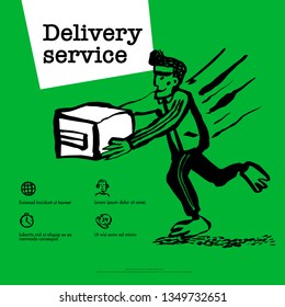 Delivery service concept. Web banner with Delivery guy handing a box on green background. Doodle ink style vector illustration