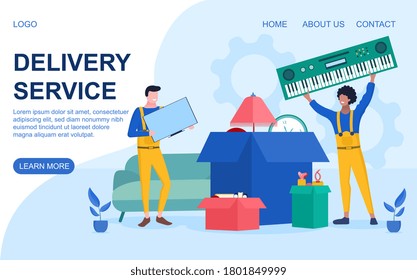 Concepto de servicio de entrega con trabajadores que entregan artículos domésticos y cajas de cartón en una plantilla de página web, ilustración de vector coloreada