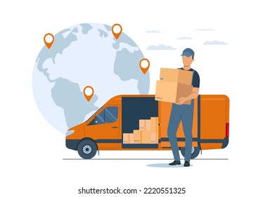 Delivery service concept. World map, cargo van and courier with boxes. Vector illustration.