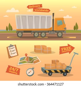 Delivery Service Concept. Worldwide Shipping Truck with Elements: Containers, Checklist; Map. Vector illustration