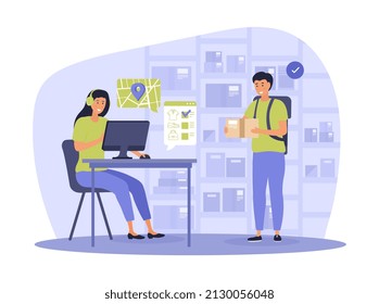 Delivery Service Concept. Young Girl Sitting At Computer, Guy Standing With Briefcase. Modern Technologies And Online Shopping. Manager Tells Courier Address. Cartoon Flat Vector Illustration