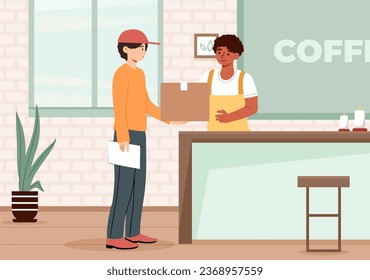 Delivery service concept. Young guy in orange sweater with red cap in coffee shop. Courier and business owner. Online shopping and fast delivery of goods. Cartoon flat vector illustration