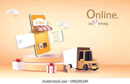 Delivery service concept.world location network paper cut and craft.App screen online transport tracking,home and office.City logistics. Warehouse, truck, forklift, courier,background.Mobile