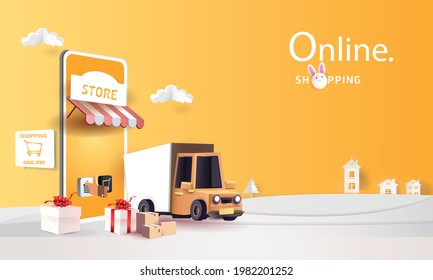 Delivery service concept.world location network paper cut and craft.App screen online transport tracking,home and office.City logistics. Warehouse, truck, forklift, courier,background.Mobile