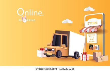 Concepto de servicio de entrega.corte de papel de red de ubicación mundial y artesanía.Seguimiento de transporte en línea de la pantalla de la aplicación,logística de casa y oficina.Logística de la ciudad. Almacén, camión, carretilla elevadora, mensajero, fondo.Móvil