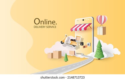 Delivery service concept.world location network paper cut and craft.App screen online transport tracking,home and office.City logistics. Warehouse, truck, forklift, courier,background.Mobile